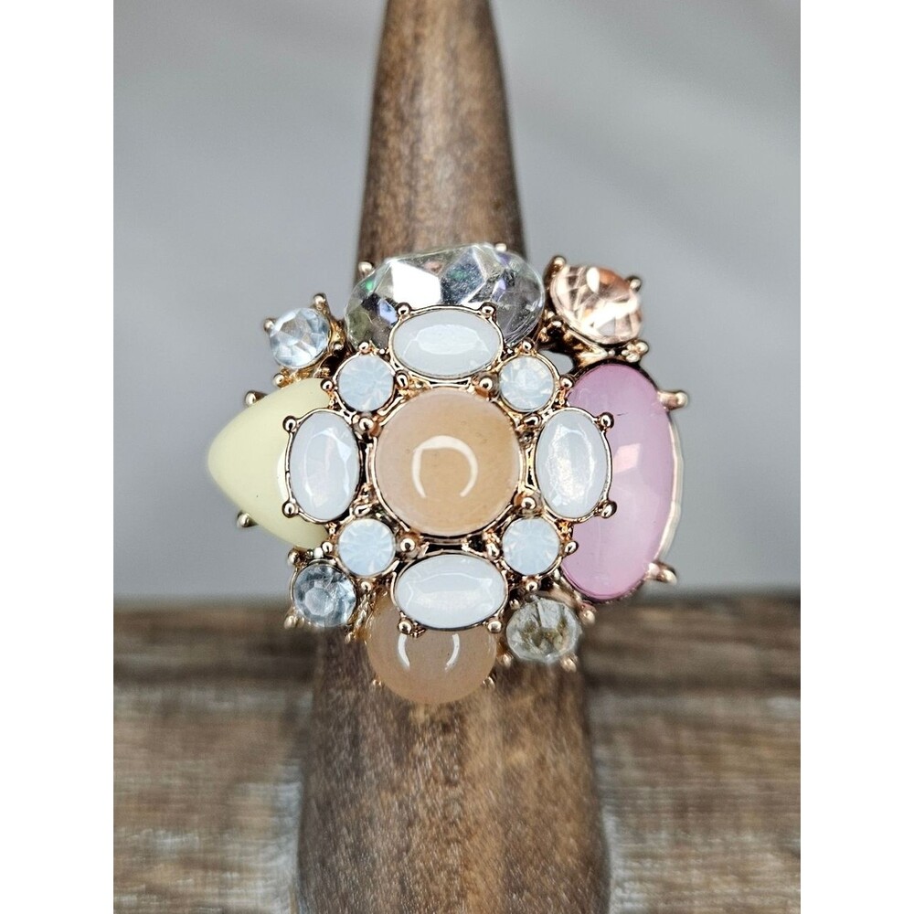 Rose Gold Tone Maximalist Cluster Ring | Pastel Cabochon Statement Piece Sz 6.5